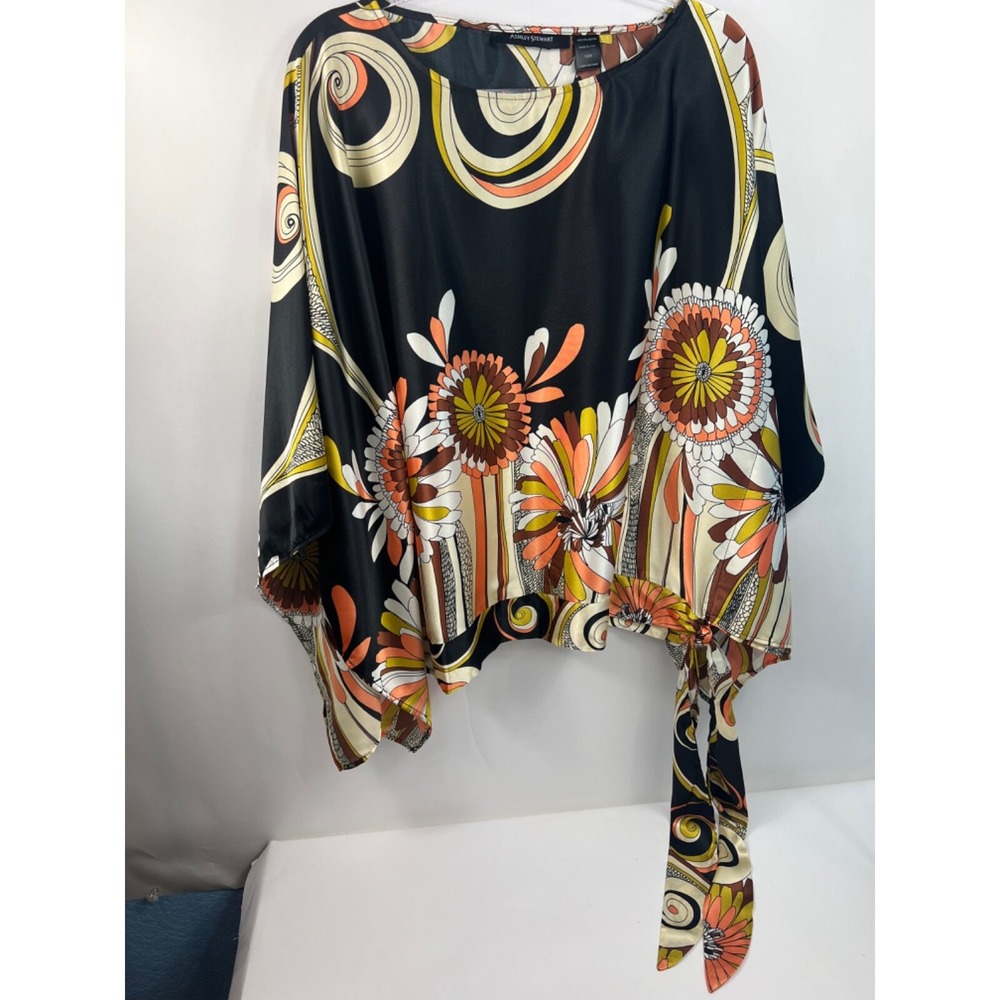 NWT Ashley Stewart Poncho Women's Plus Sz 14W Black Multi Open Sides Waist Tie